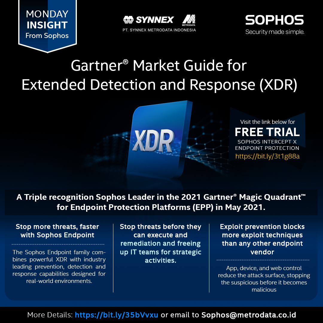 Monday Insight From SOPHOS : A Triple recognition Sophos Leader in the 2021, Gartner Magic Quadrant For Endpoint Protection Platforms (EPP) in May 2021